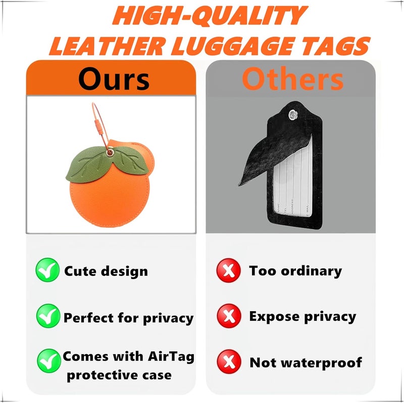 ZOUITY Cute Leather Luggage Tag Holder with Airtag Case Set,Hidden Compartment for AirTag Travel Suitcase Tracking Case with Stainless Steel Loop,Name ID Label(Persimmon) - Image 3